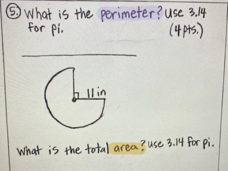 ) What is the perimeter? use 3.14 (4 pts.) for pi. beri What is the total area? use-example-1