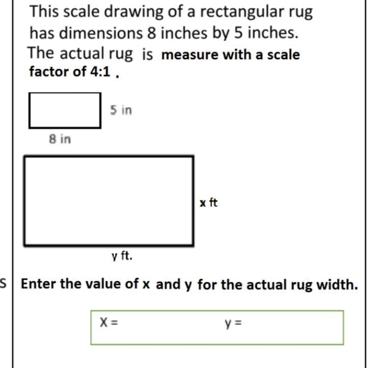 This scale drawing of a rectangular rug has dimensions 8 inches by 5 inches. The actual-example-1