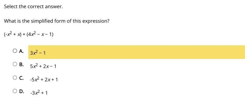 What is the simplified form of this expression? (-x2 + x) + (4x2 − x − 1)-example-1