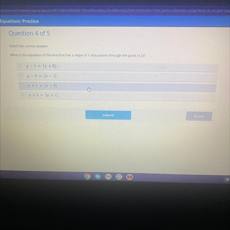 What is the equation of the line that has a slope of 1 and passes through the point-example-1