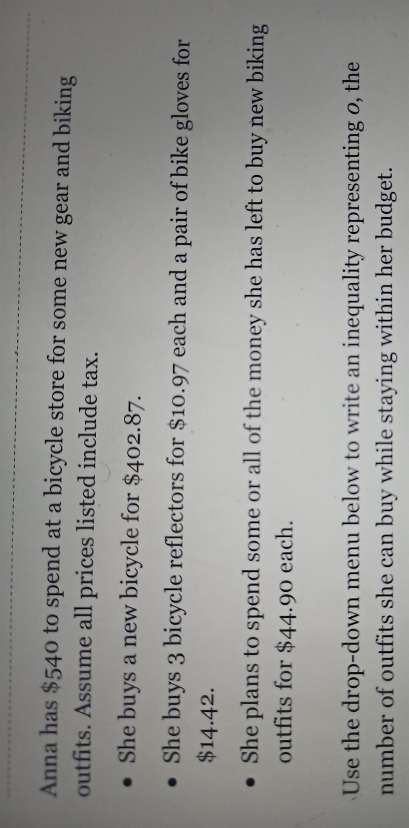 write an inequality representing I, the number of outfits she can buy while staying-example-1