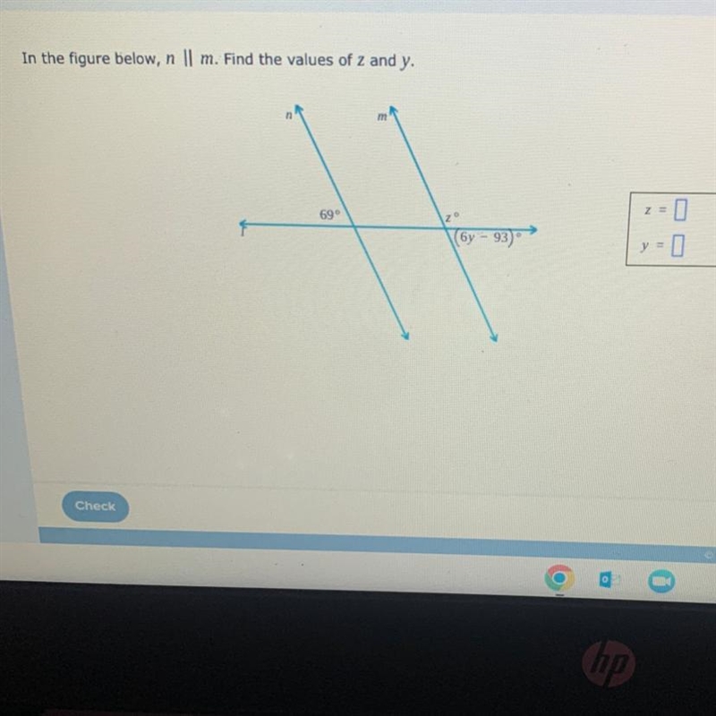 In the figure below, n || m. Find the values of z and y-example-1