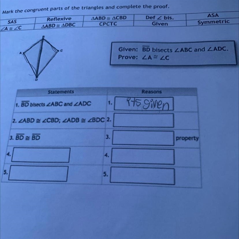 Mark the congruent parts of the triangles and complete the proof-example-1