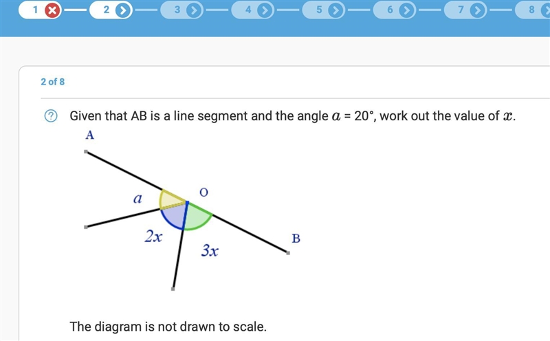 Given that AB is a line segment and the angle a = 20°, work out the value of x . The-example-1