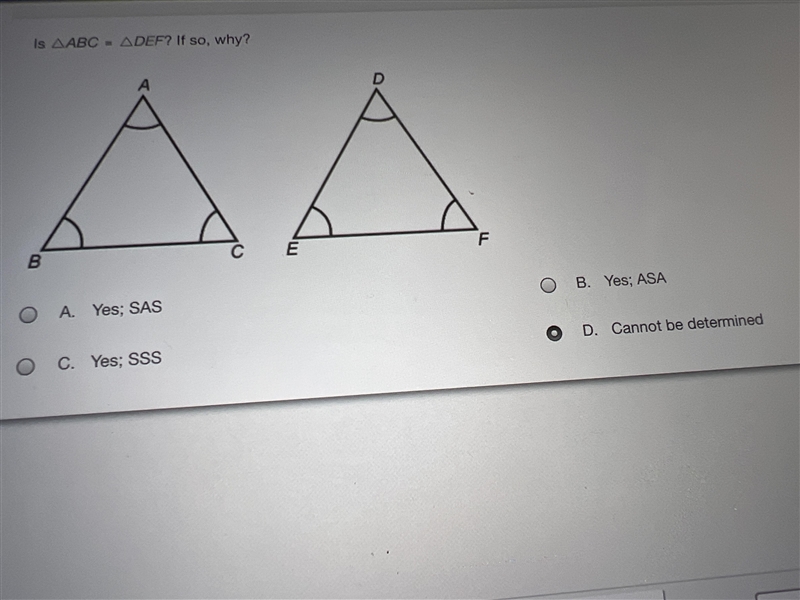 Is triangle ABC= triangle DEF?-example-1