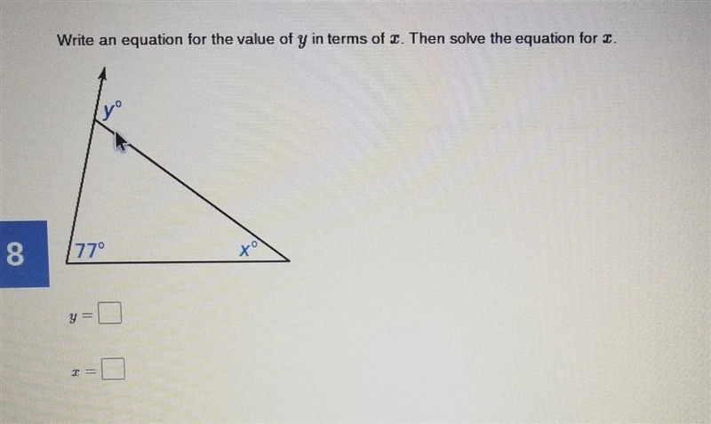 Write an equation for the value of y in terms of x 77,x,y​-example-1