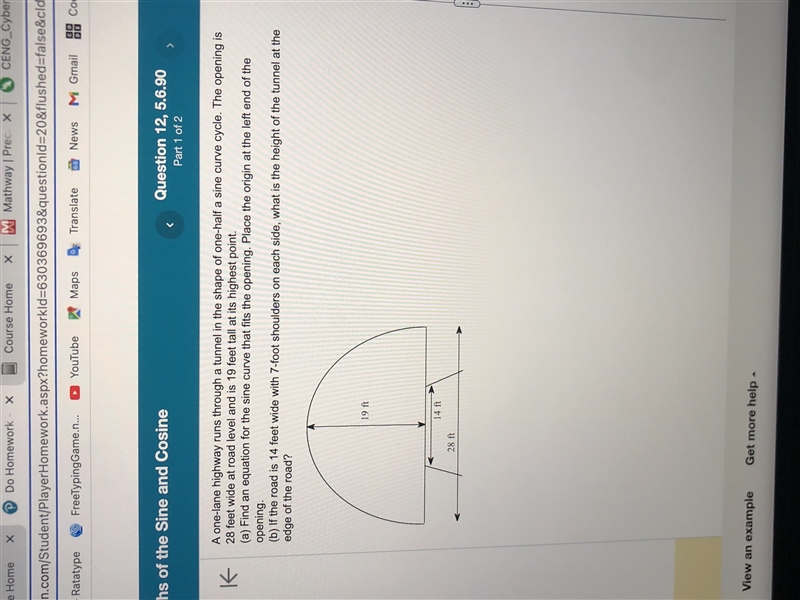 1.what is the question of f(x) 2. Height of the tunnel if the road is 14ft wide by-example-1