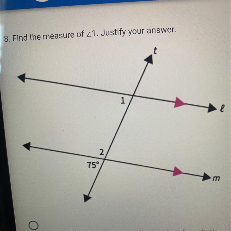 Find the measure of 21. Justify your answer. 75° 2 1 m-example-1