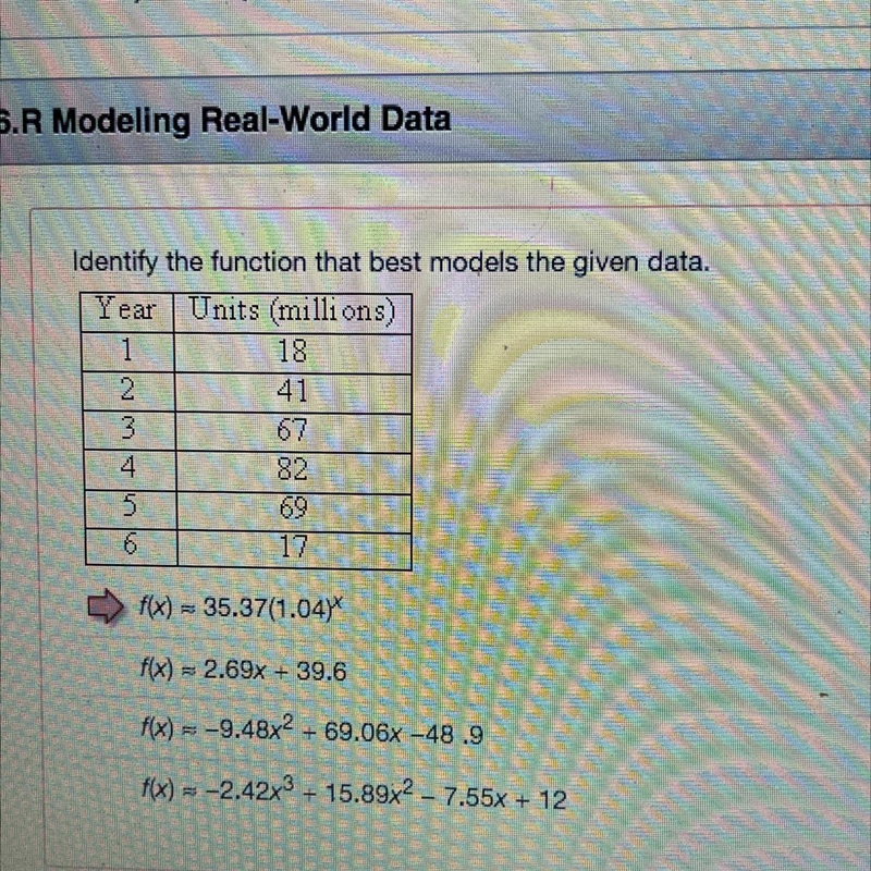 Identify the function that best models the given data-example-1