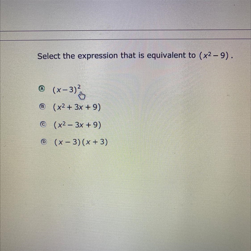 Select expression that is equivalent to (x^2-9) please help-example-1