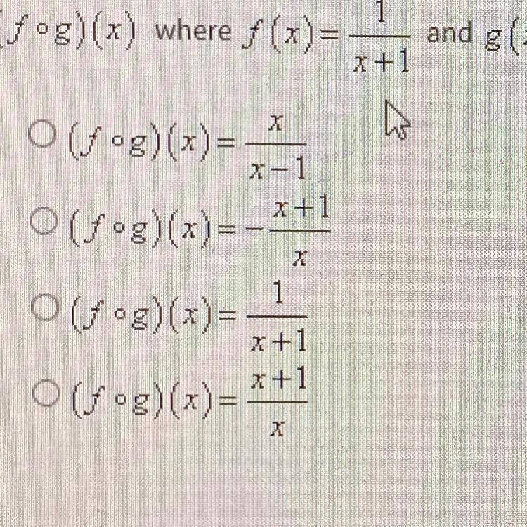 Find (f o g)(x) where f(x)= 1/x+1 and g(x)= -1/x-example-1