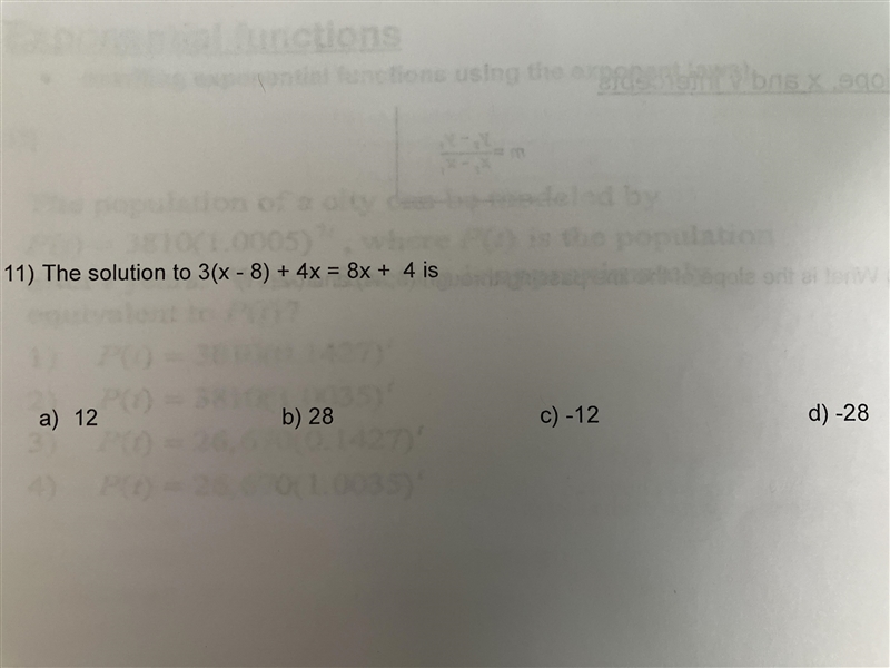 11) The solution to 3(x - 8) + 4x = 8x + 4 is a) 12 b) 28 c) -12 d) -28-example-1