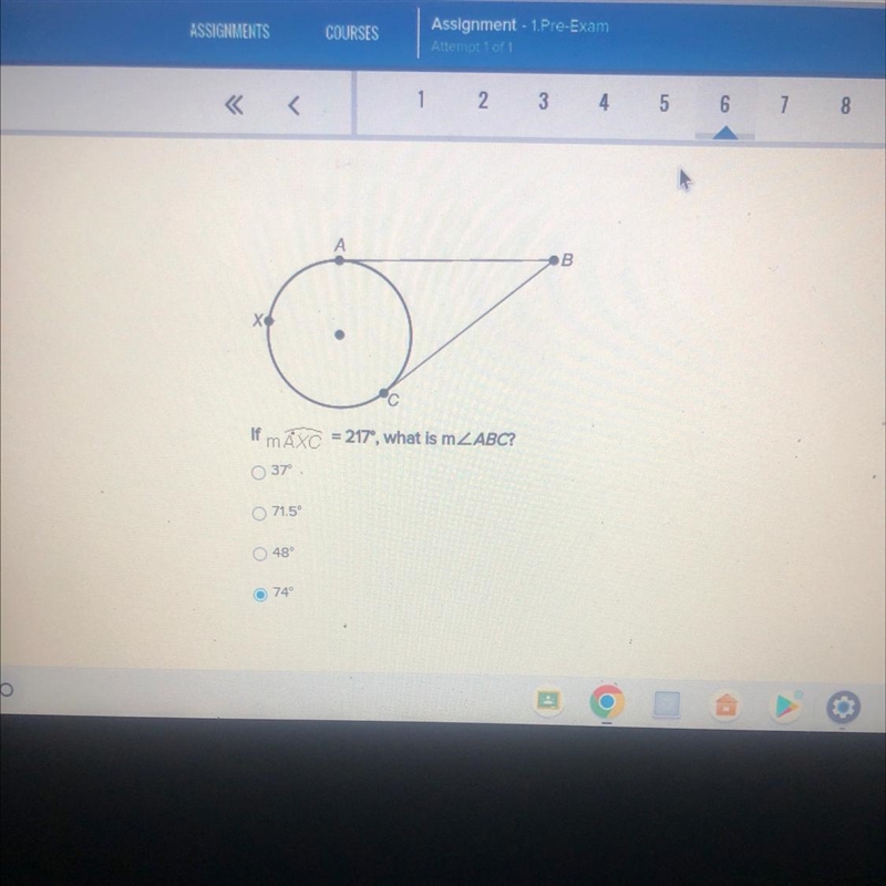 X If mAXC = 217°, what is m ○ 37° 71.5° 48° A 74° B-example-1