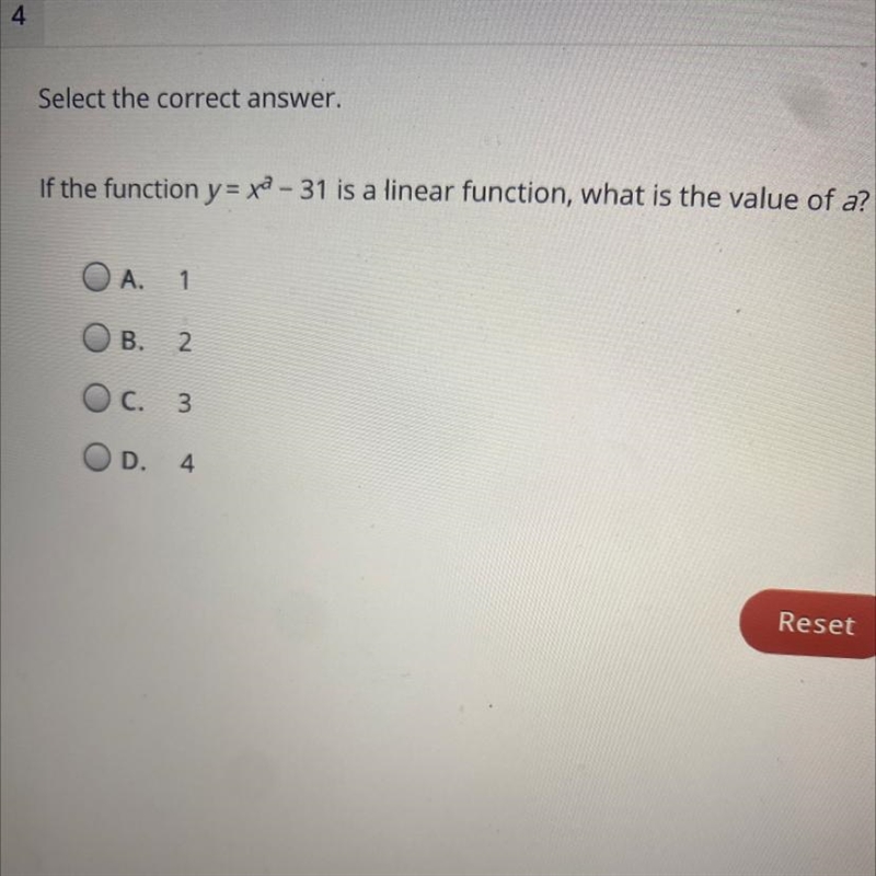 If the function yr ya - 31 is a linear function, what is the value of a?-example-1