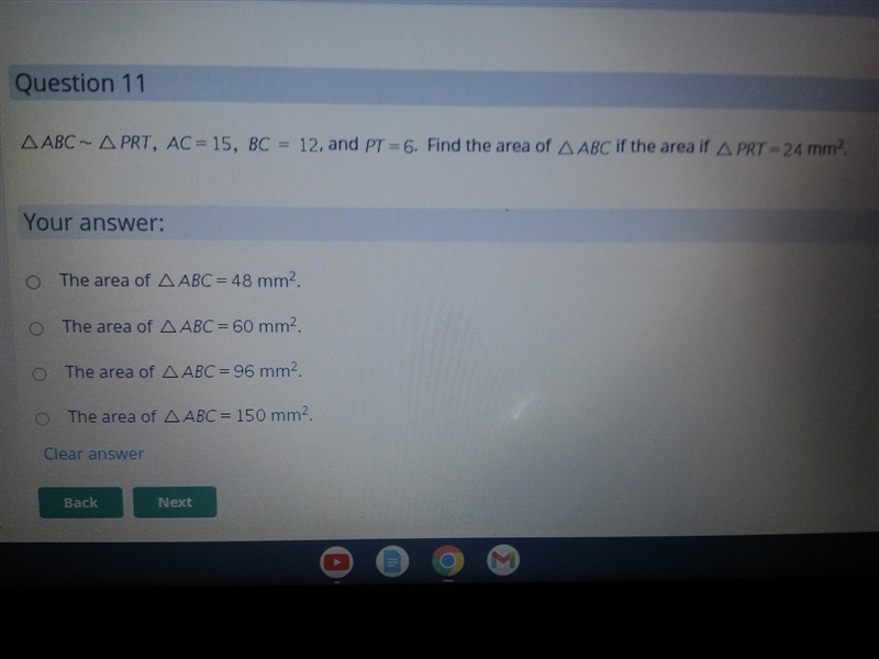 Does anybody know this? I keep getting the wrong answer. ABC~PRT AC=15 BC=12 and PT-example-1