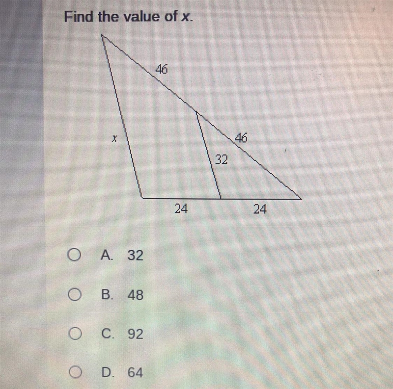 Find the value of X A. 32 3. 48 C. 92 D. 64-example-1