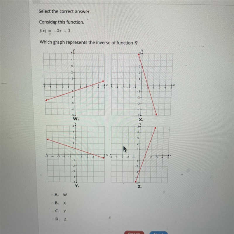 Consider this function.() = -31 + 3Which graph represents the inverse of function-example-1