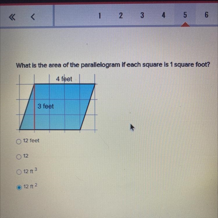 What is the area of the parallelogram if each square is 1 square foot? 12 ft 12 12 ft-example-1