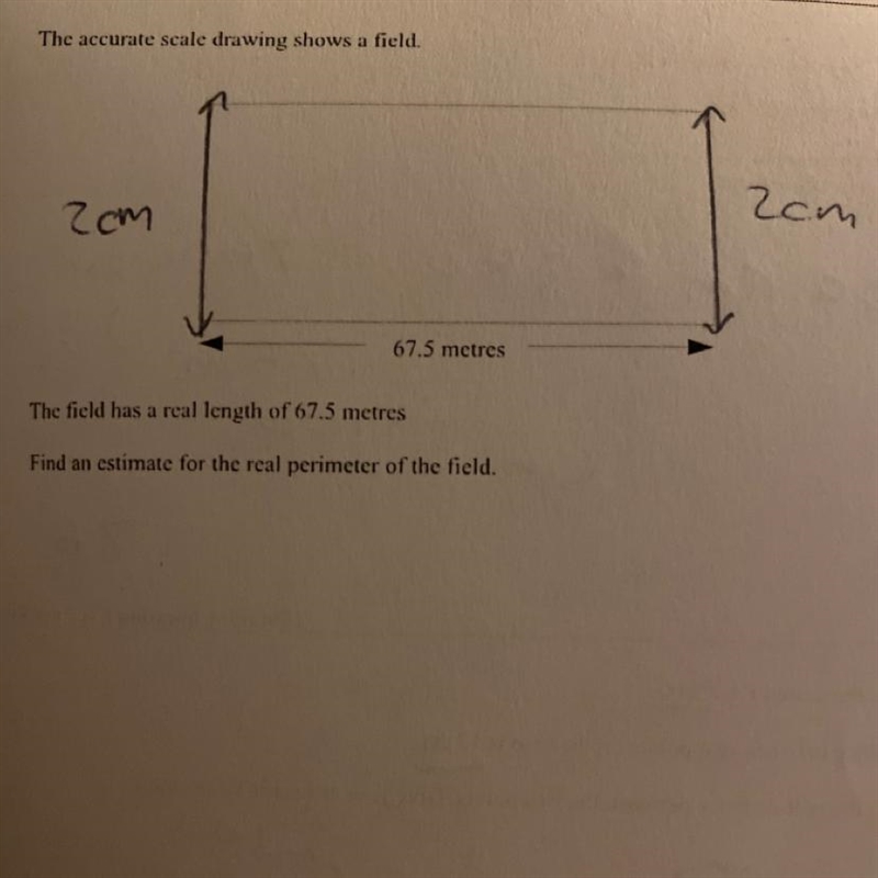 The accurate scale drawing shows a field. The field has a real length of 67.5 metres-example-1