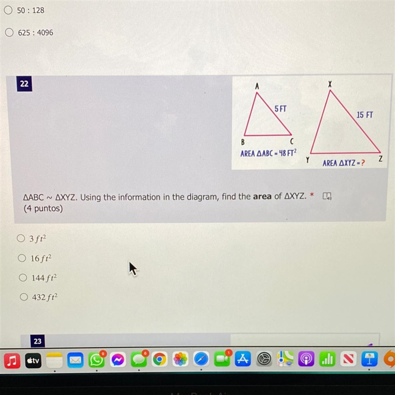 ABC ~ AXYZ. Using the information in the diagram, find the area of AXYZ.-example-1