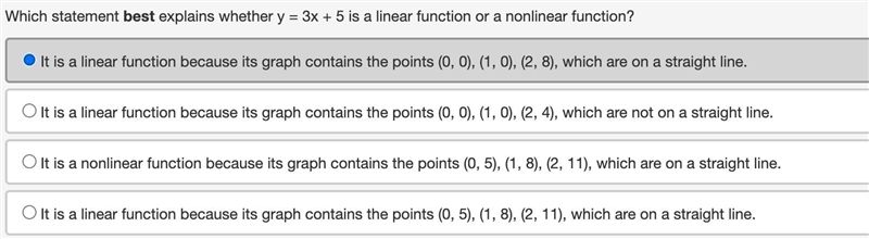 which statement best explains whether y= 3x + 5 is a linear or non linear function-example-1