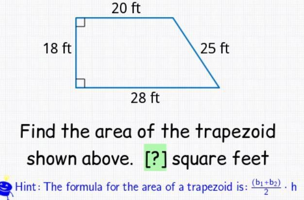 Find the area of the trapezoid shown below. {?} square feet-example-1