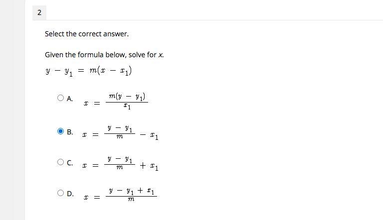 Select the correct answer. Given the formula below, solve for x. A. B. C. D. help-example-1