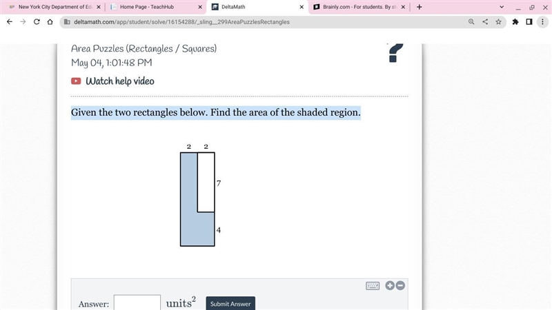 Given the two rectangles below. Find the area of the shaded region. 7 2 4 2 Answer-example-1