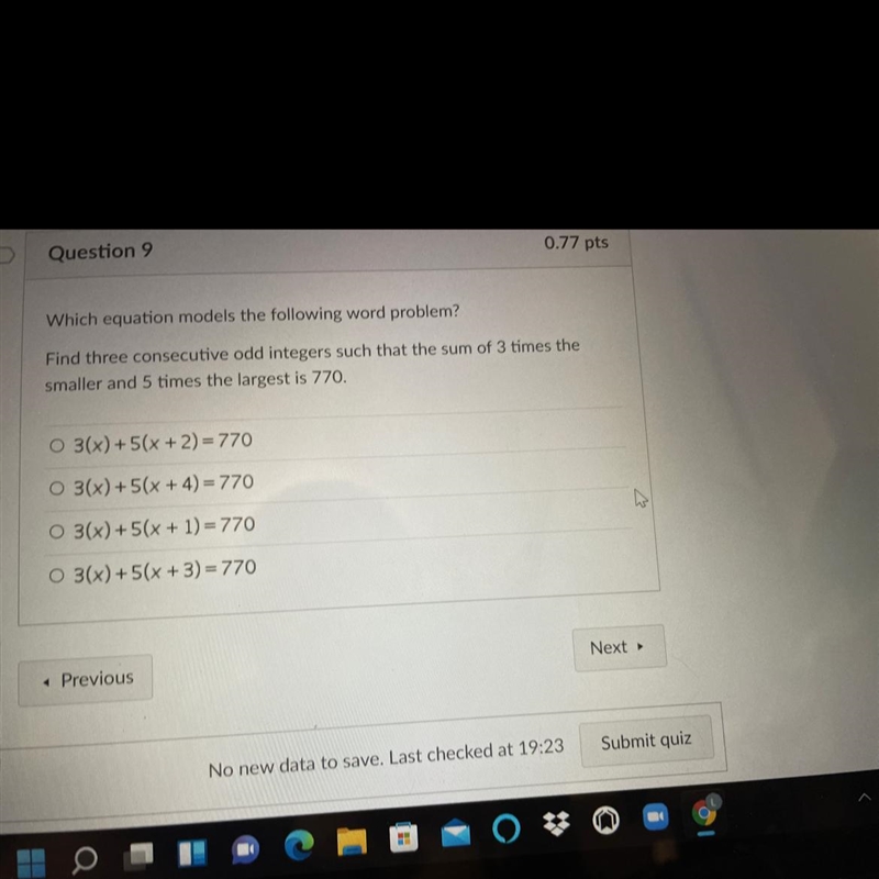 Which equation models the following word problem?Find three consecutive odd integers-example-1