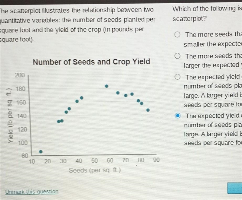 Which of the following is an accurate description of the scatterplot?A. The more seeds-example-1