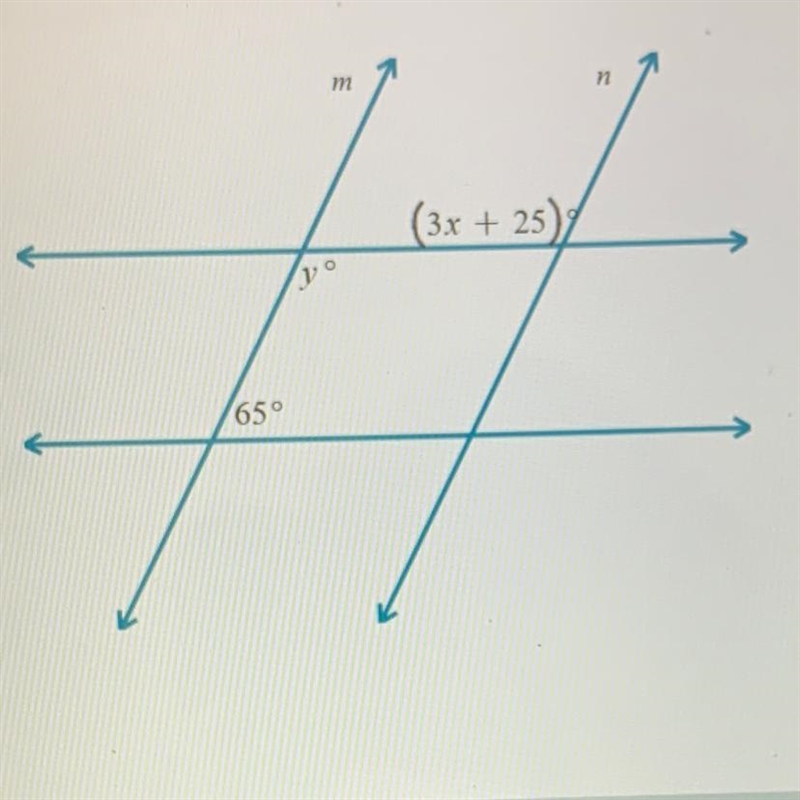 In the figure below, k || l and m || n. Find the values of y and x.-example-1