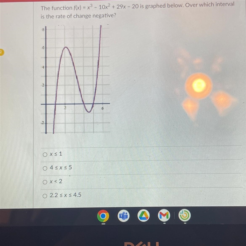 The function f(x)= x3 - 10x² + 29x-20 is graphed below. Over which interval is the-example-1