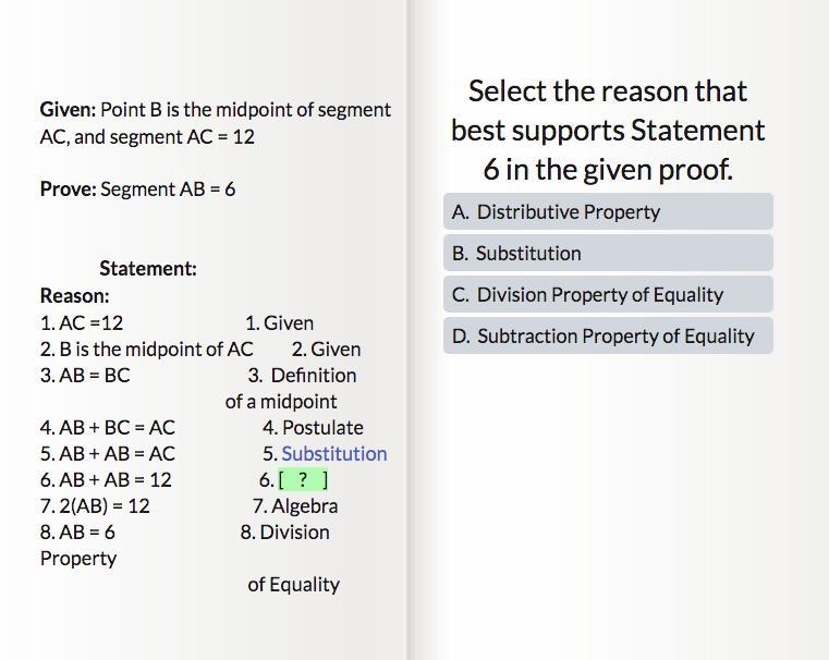 Select the reason that best supports Statement 6 in the given proof. ab + ab = 12-example-1