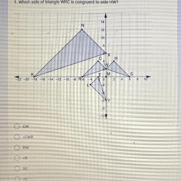 1. Which side of triangle WRC is congruent to side HW?-example-1