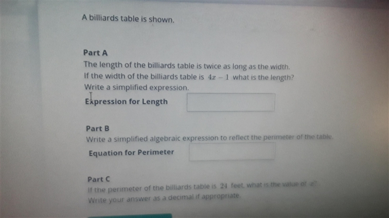 If the perimeter of the billiards table is 24 feet, what is the value of x?-example-1