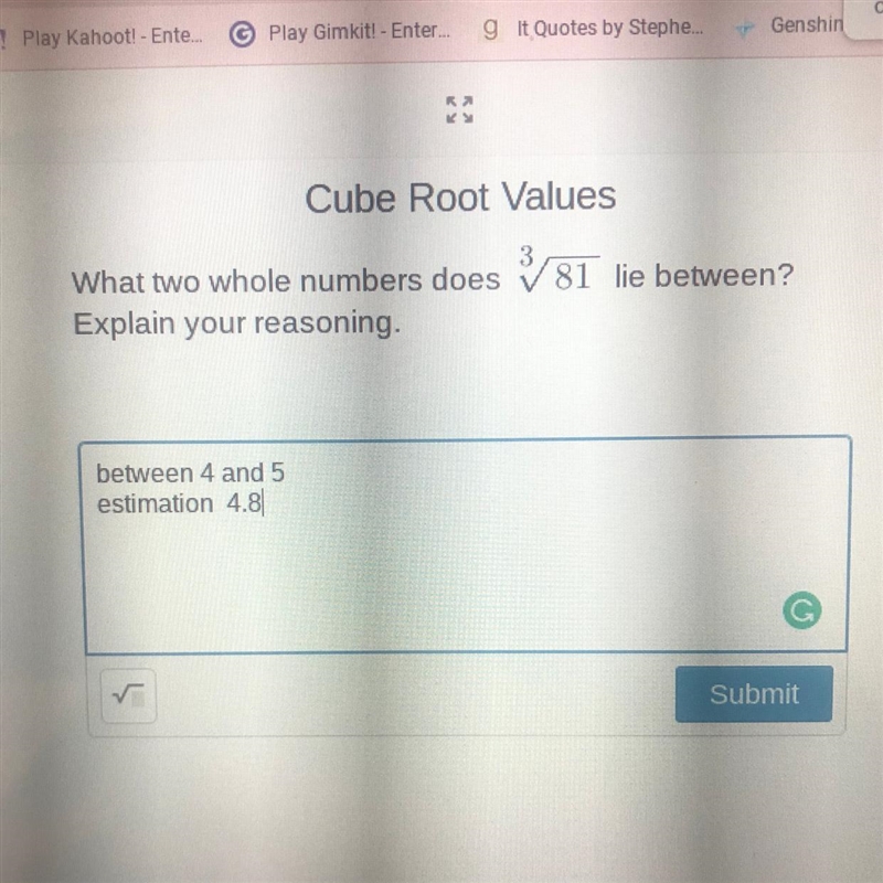 Cube Root Values What two whole numbers does 81 lie between-example-1