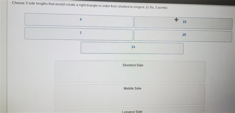 Choose 3 side lengths that would create a right triangle in order from shortest to-example-1