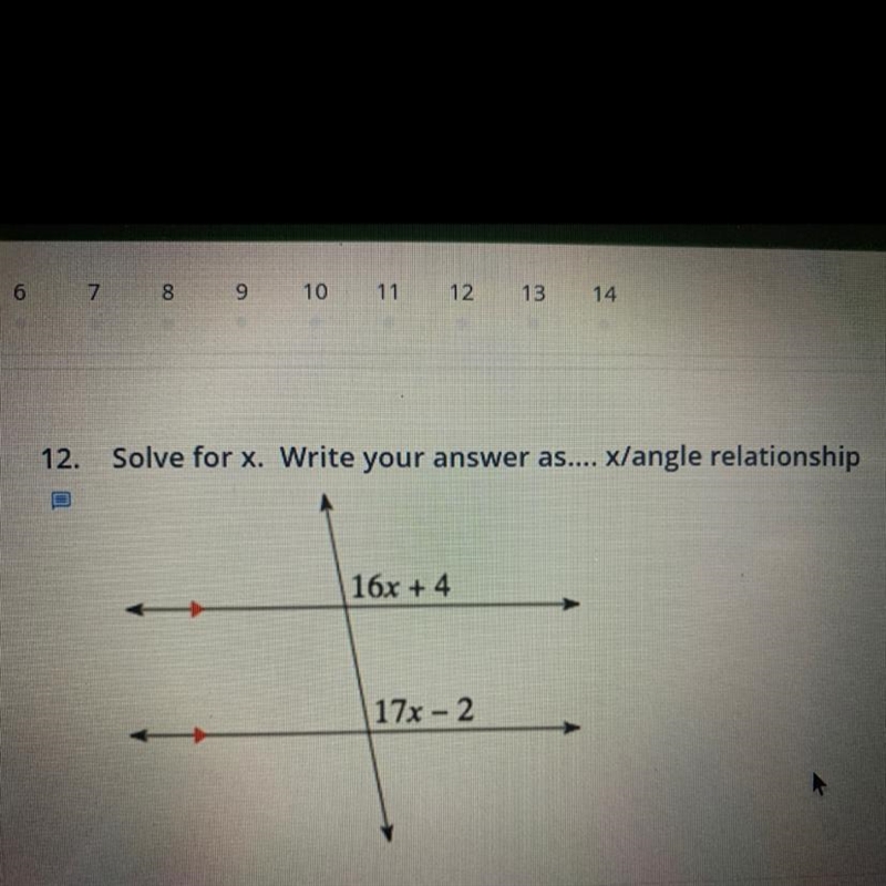 Solve for x. Write your answer as.... x/angle relationship-example-1