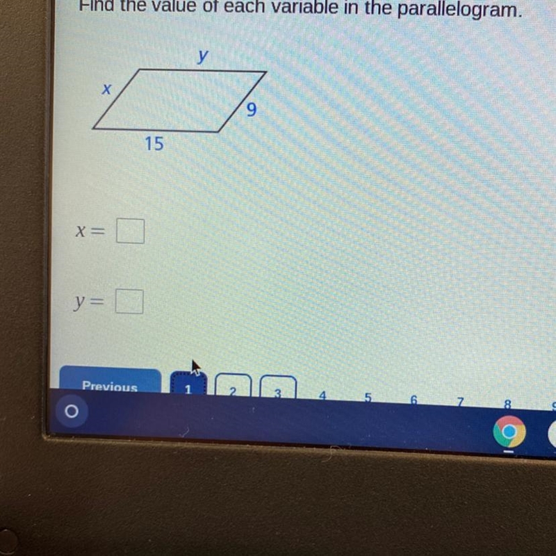 Find the value of each variable in the parallelogram-example-1