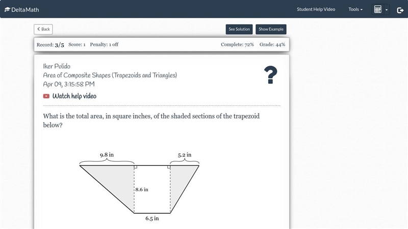 What is the total area, in square inches, of the shaded sections of the trapezoid-example-1