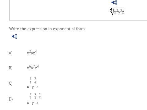 (25 pts!!! help needed asap) x2y3z Write the expression in exponential form. A) x-example-1