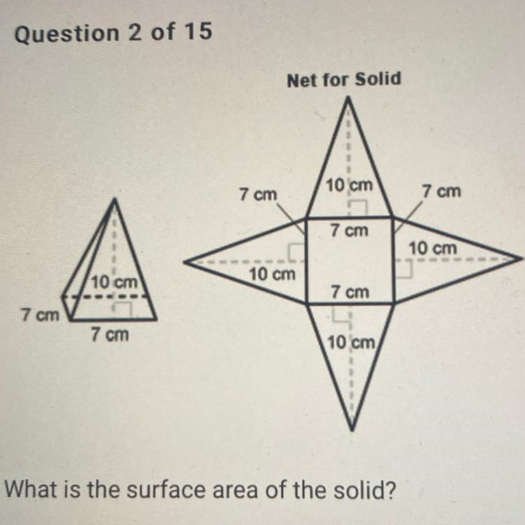 What is the surface area of the solid? A. 329 square centimeters B. 154 square centimeters-example-1