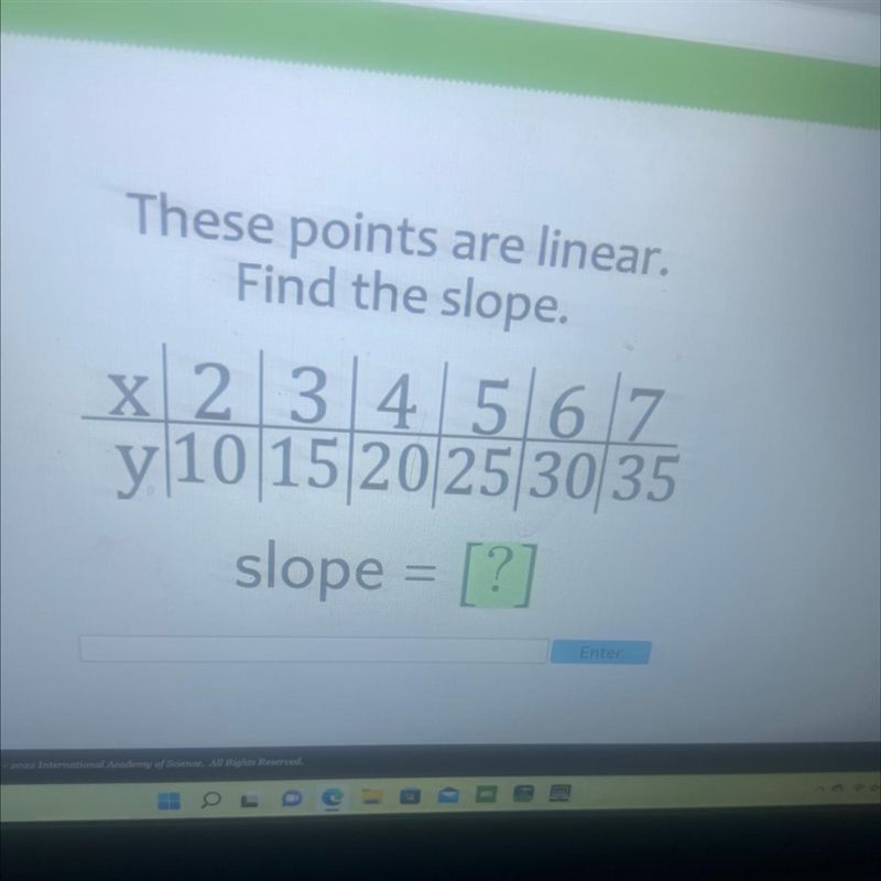 These points are linear.Find the slope.x234567y 10 15 20 25 30 35-example-1