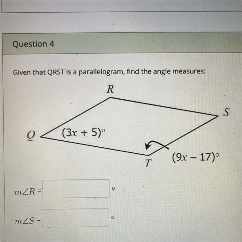 Given that QRST is a parallelogram, find the angle measures:-example-1