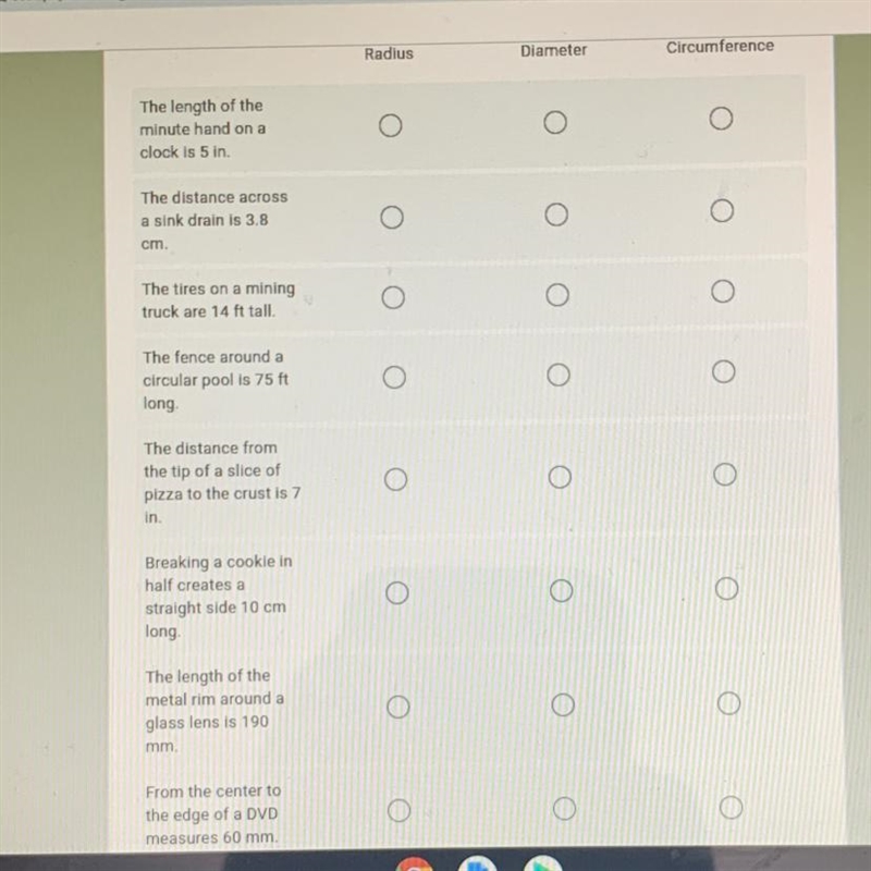 Plsss help Identify each of the colas radius, diameter, or circumference-example-1