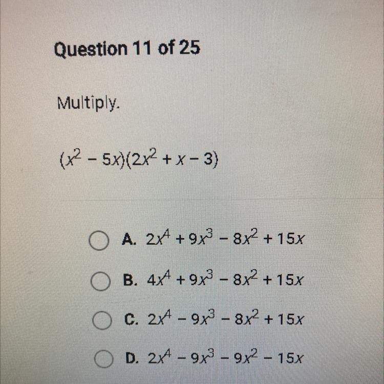 Multiply (x^2 - 5x)(2x^2 + x - 3)-example-1