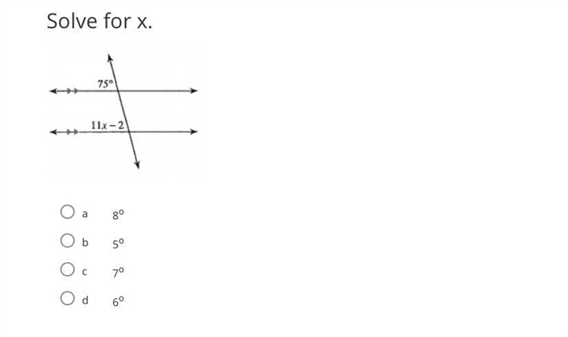 Solve for X. A. 8 degree B. 5 degree C. 7 degree D. 6 degree Please help quickly!!!-example-1