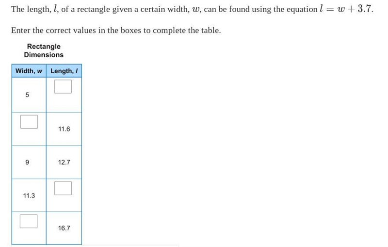 PLEASE help quick The length, l, of a rectangle given a certain width, w, can be found-example-1