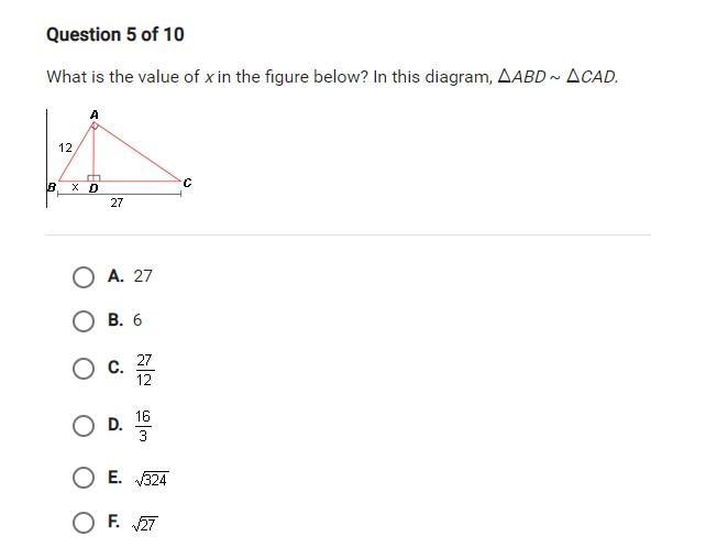 What is the Value of x in the figure below in this diagram ABD ~ CAD-example-1