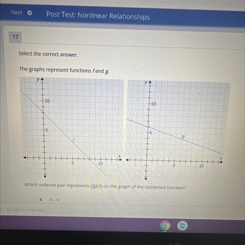 Which ordered pair represents (fg)(3) on the graph of the combined function? A. (9,-3) B-example-1